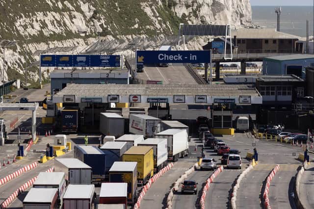 DOVER, ENGLAND - APRIL 03: Traffic moves through Dover Port on April 03, 2023 in Dover, England. Over the weekend, travellers had reported delays of more than 12 hours for ferries crossing the English Channel. By the early hours of Monday morning, traffic had largely returned to normal. (Photo by Dan Kitwood/Getty Images)