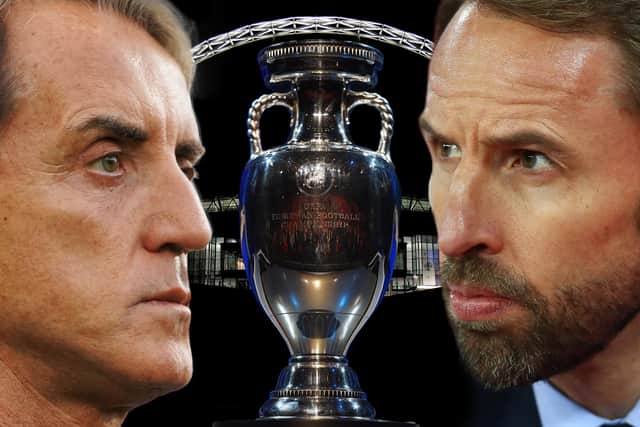 A composite photo featuring England manager Gareth Southgate, Italy manager Roberto Mancini, Wembley Stadium and the European Championship trophy (background image by Julian Finney/Getty Images, Mancini photo by Claudio Villa/Getty Images, trophy image by Laurence Griffiths/Getty Images and Southgate photo by Clive Rose/Getty Images)