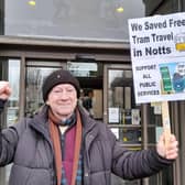 Des Conway celebrates outside County Hall after free tram travel for pass holders was saved. Photo: Submitted
