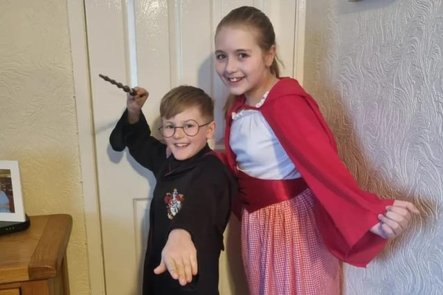 Callum, age 8, as Harry Potter and Ruby, age 11, as Little Red Riding Hood.