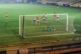 Wayde Hines fires home his second for Basford United in their win against Port Vale in the FA Youth Cup (CREDIT: Craig Lamont)