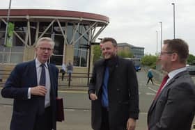 Michael Gove, left, with Coun Ben Bradley, centre, and Andy Abrahams, Mansfield mayor, during his visit to the town.