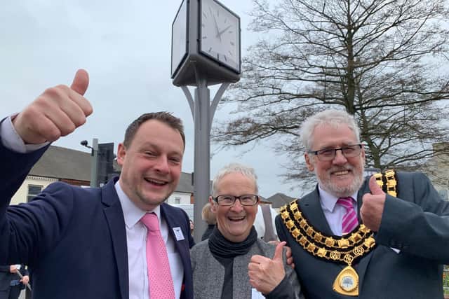 Councillors Jason Zadrozny and Rachel Madden with Tony at the re-unveiling of the historic Naggs Head in Kirkby in March 2019.