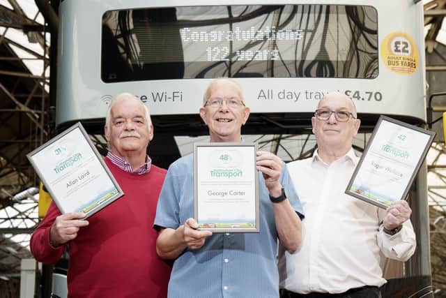 Former Hucknall route driver Allan Laird (left), is retiring from NCT, along with colleague George Carter and Roger Wallace (right). Photo: NCT