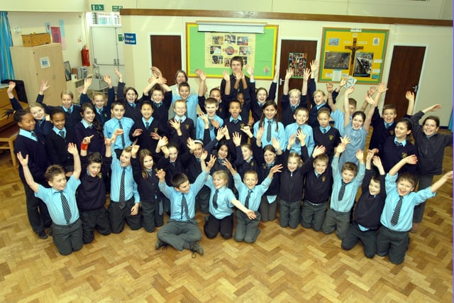 2007: Staff and pupils at Hucknall's Holy Cross School celebrate their excellent SATs results.