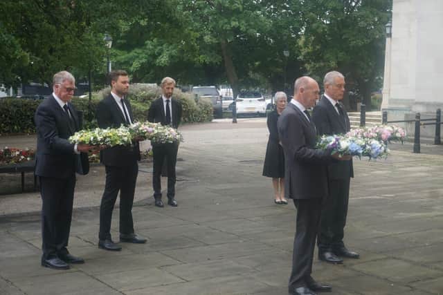 The Lord Lieutenant of Nottinghamshire, Sir John Peace, the High Sheriff, Paul Southby, councillor Ben Bradley MP,  councillor Roger Jackson, and acting chief executive Adrian Smith laid floral tributes to Her Majesty The Queen outside County Hall on Friday.
