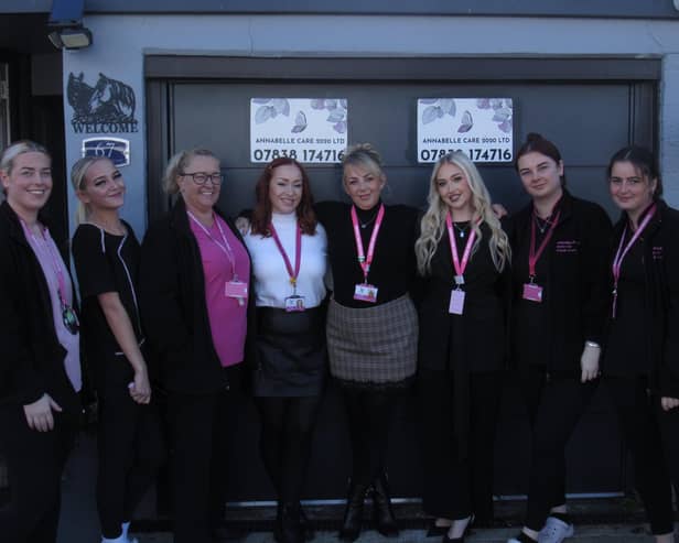 Team members from Annabelle Care 2020 in Hucknall which has been rated 'Good' by the CQC, from left, Summar, Amelia (care workers), Lorraine (senior carer), Elise (deputy manger), Amanda (registered manager and company owner, Chelsie (senior team leader), Megan and Ellie (carers). Photo: Submitted.