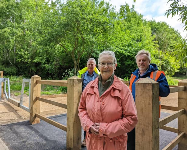 Coun Rachel Madden, Bill Souter (PM Harris) and Ian Rotherham (Ashfield District Council) at an entrance to the new pathways