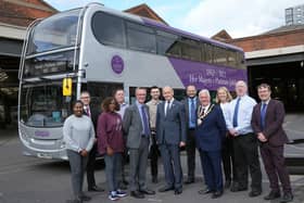 Sir John Peace, Lord Lieutenant of Nottinghamshire, Coun David Trimble, Lord Mayor of Nottingham, David Astill, NCT managing director David Astill and NCT workers unveil the special 'jubilee bus'