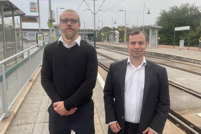 Hucknall councillors Nick Parvin (left) and Lee Waters have welcomed news passenger numbers have risen again at Hucknall station