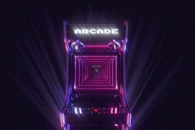 A purple and pink arcade machine