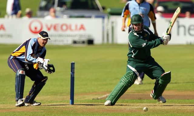 Jason Gallian hits out on the way to his 91 during a Cheltenham and Gloucester Trophy match against Derbyshire in. (Photo by Matthew Lewis/Getty Images)