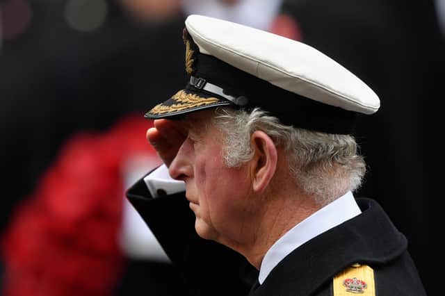 The Prince of Wales during the Remembrance Sunday service at the Cenotaph, in Whitehall, London. Picture date: Sunday November 14, 2021.