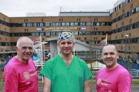From left, Darryl Claypole, Dr Stuart Smith and Tom Claypole at Nottingham's Queen’s Medical Centre.