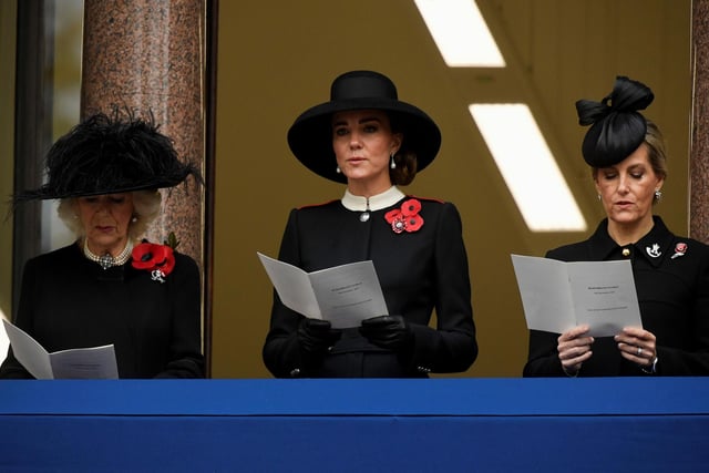The Duchess of Cornwall, the Duchess of Cambridge and the Countess of Wessex on the balcony at the Remembrance Sunday service at the Cenotaph