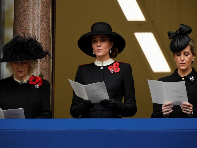 The Duchess of Cornwall, the Duchess of Cambridge and the Countess of Wessex on the balcony at the Remembrance Sunday service at the Cenotaph