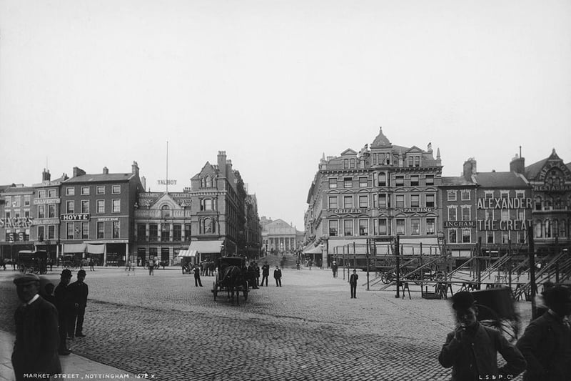 The Market Place in Nottingham, circa 1900.