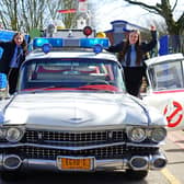 Competition winner Gemma Alexander and her friend Olivia Dean were collected from National Academy by the Ghostbusters Ecto-1 car. Photo: Brian Eyre