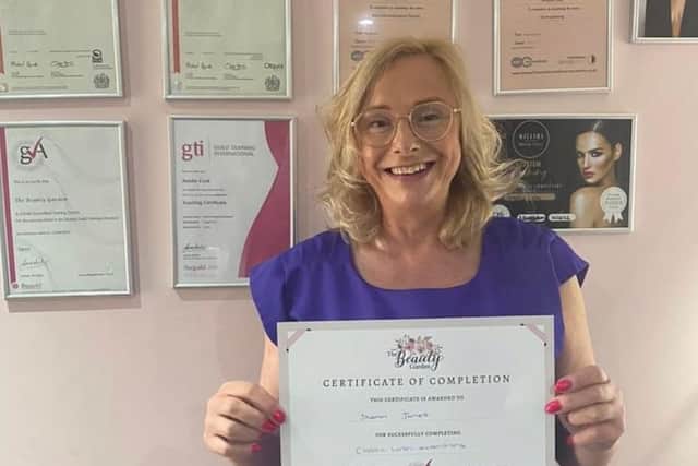 Sharon Jones, with her lash extensions training certificate, is celebrating 20 years in business in Hucknall
