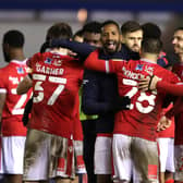 Nottingham Forest players celebrate victory against Coventry City. (Photo by Alex Pantling/Getty Images)