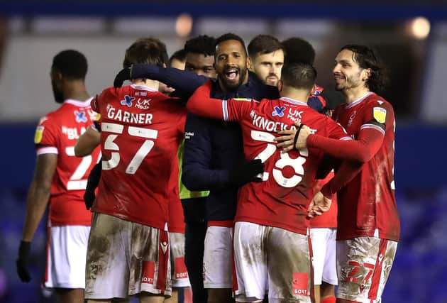 Nottingham Forest players celebrate victory against Coventry City. (Photo by Alex Pantling/Getty Images)