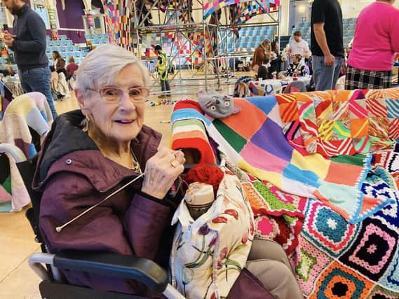 a Fairway View resident at the Big Knit anniversary. Residents joined people in knitting a giant woolly hat at Nottingham's Albert Hall.