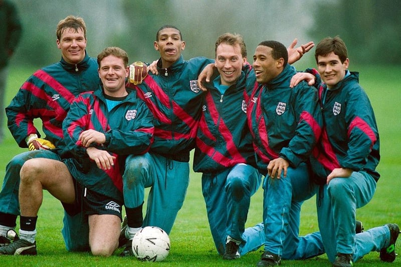 England players from left, Chris Woods, Paul Gascoigne, Carlton Palmer, David Platt, John Barnes and Nigel Clough pose for a picture during an England training session at Bisham Abbey on February 15, 1993