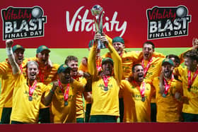 Notts Outlaws Captain Dan Christian lifts the trophy with his teammates after winning last year's T20 Vitality Blast. (Photo by Jordan Mansfield/Getty Images for Surrey CCC)