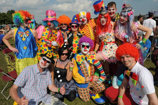 A group having fund at Hucknall Fake Festival at Titchfield Park in 2013. This group of friends dressed up to celebrate a 40th birthday.