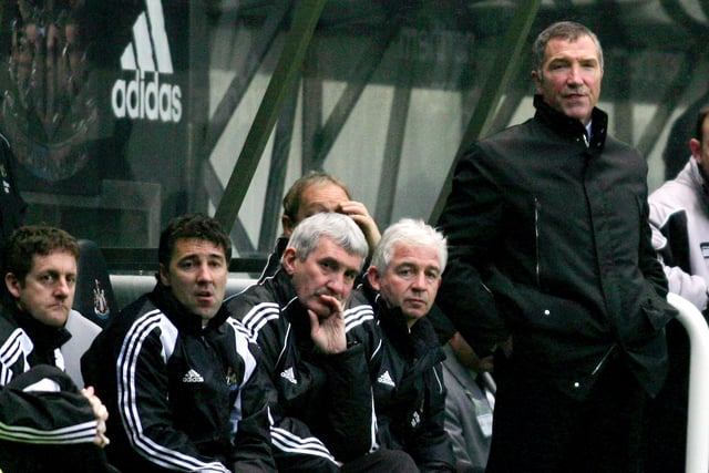 Newcastle manager Graham Souness (R) looks on with Alan Murray, Terry McDermott and Dean Saunders.