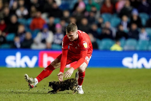 Wigan Athletic's Jason Kerr gets close and makes his move to try and force our cat out of the game at Hillsborough