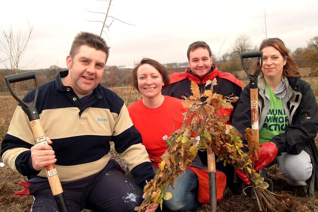 2007: Business volunteers plant new trees at High Wood Cemetery, Bulwell. Pictured are Colin Morgan, Cheryl Parkin, Steve Doughty and Anita Goodwin.