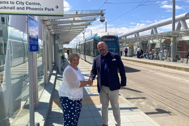 Bulwell Forest councillor Coun Cheryl Barnard with Andrew Conroy from Tramlink