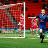 Mansfield Town midfielder George Lapslie celebrates his second goal against Doncaster Rovers during the  Emirates FA Cup second round at the Keepmoat Stadium  
Photo credit should read : Chris Holloway / The Bigger Picture.media