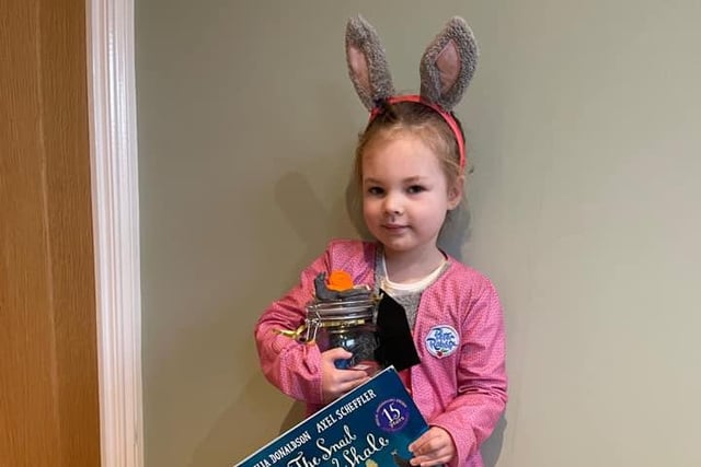 Ferne, age 5, as Lily Bobtail with her book The Snail and The Whale.
