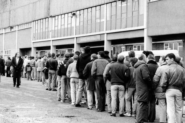 Stags fans queue for tickets for the home FA Cup clash with Sheffield Wednesday in December 1990