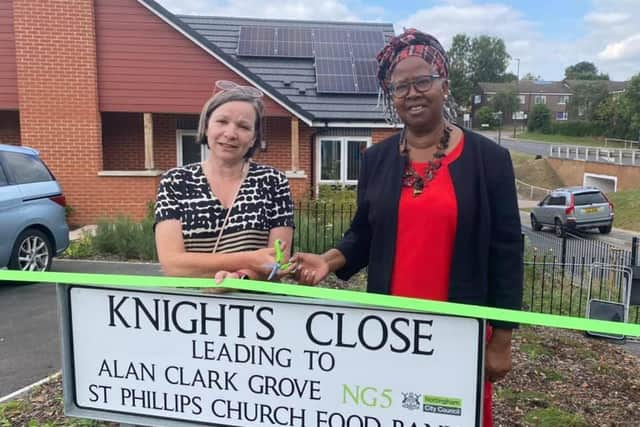 Coun Linda Woodings (left) and Coun Eunice Campbell-Clark cut the ribbon to officially open the new development dedicated to the late Alan Clark