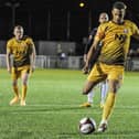 Marcus Marshall scores from the penalty sport in Basford United’s 4-1 win over Scarborough Athletic at Greenwich Avenue on Tuesday night (CREDIT: Craig Lamont)