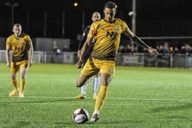Marcus Marshall scores from the penalty sport in Basford United’s 4-1 win over Scarborough Athletic at Greenwich Avenue on Tuesday night (CREDIT: Craig Lamont)