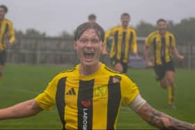 Two-goal hero Taylor Jaine celebrates one of his strikes against Belper. Photo: Hucknallram Photography