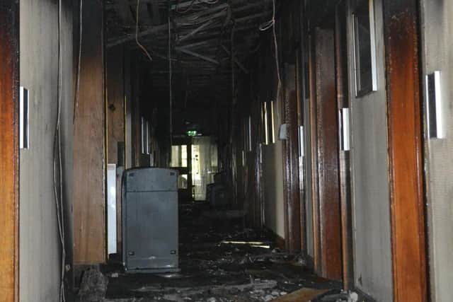 Offices and ceilings were destroyed as the fire spread