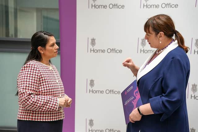 Priti Patel, Home Secretary, discusses crime and policing strategy in Nottinghamshire with Commissioner Caroline Henry at the Home Office.
