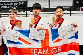 Hucknall's Lucas Ng (centre) won U14 team gold for Great Britain at the European Taekwondo Poomsae Championships with team-mates Daniel Owen and Gabriel Casaclang and now is dreaming of going to the World Championships - but will need support to raise the money to go. Photo: Submitted