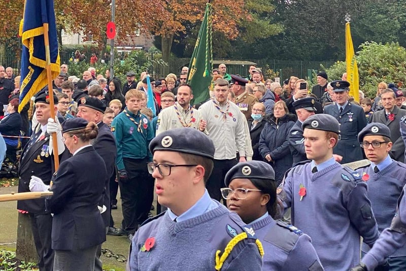 Marchers and members of the public gathering in Hucknall's Titchfield Park for the Act of Remembrance. Photo: Lockie Laughland