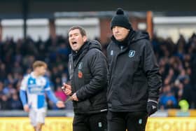 Mansfield Town manager Nigel Clough and first team coach Andy Garner during the match at Bristol Rovers last month.
