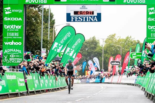 Team Sky's Ian Stannard crosses the finishing line to win the Nottinghamshire stage of the Tour of Britain in September 2018. Photo: Sweetspot.