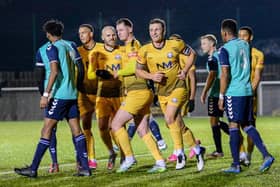 Brad Gascoigne (left centre) celebrates after putting Basford United into a comfortable half-time lead in their win over Rushall Olympic on Tuesday night (CREDIT: CRAIG LAMONT)