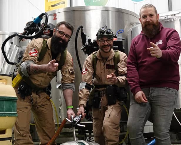 Mark Gallagher, from the Arc Cinema, and the East Midlands Ghostbusters check out the new beer at Lincoln Green Brewery. Photo: Submitted