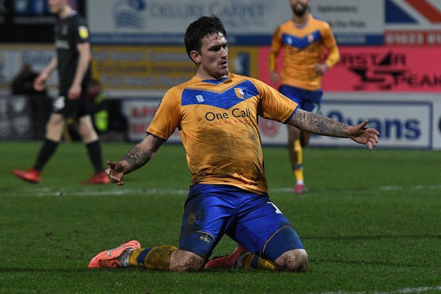 Mansfield's Andy Cook celebrates his goal in a 1-1 draw in 2019.