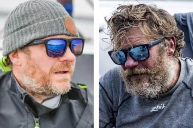 Dave 'Dinger' Bell at the start of his epic journey (left) and at the end back on dry land